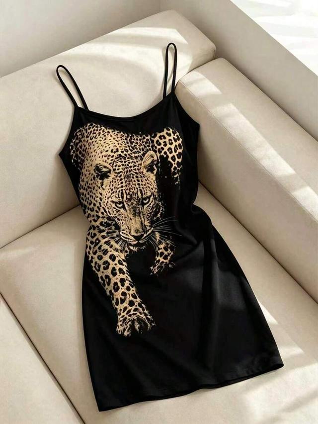 black spaghetti strap dress with leopard graphic print