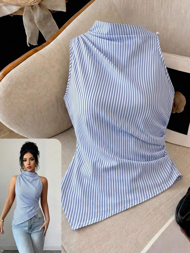 striped mock neck asymmetric hem sleeveless top