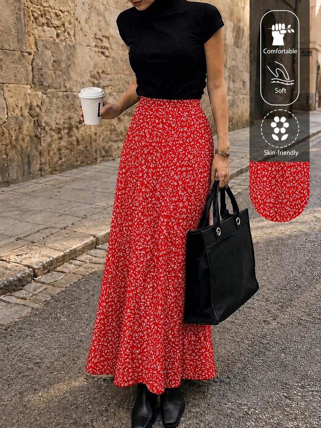 red ditsy floral high waist a-line skirt