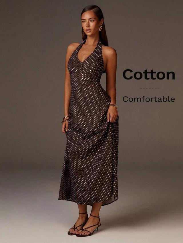 polka dot print elegant maxi halter dress