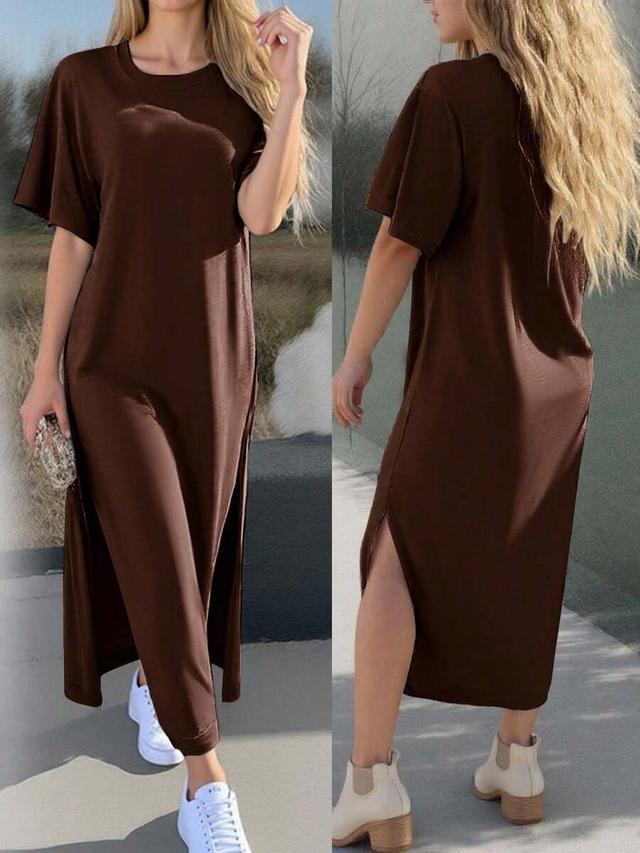 casual brown solid color side slit t-shirt dress