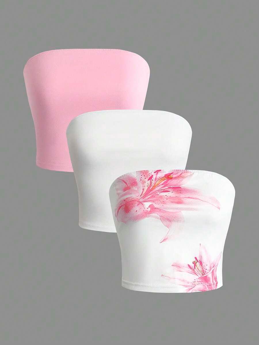 pink three elastic knit cropped tube top in pink and white