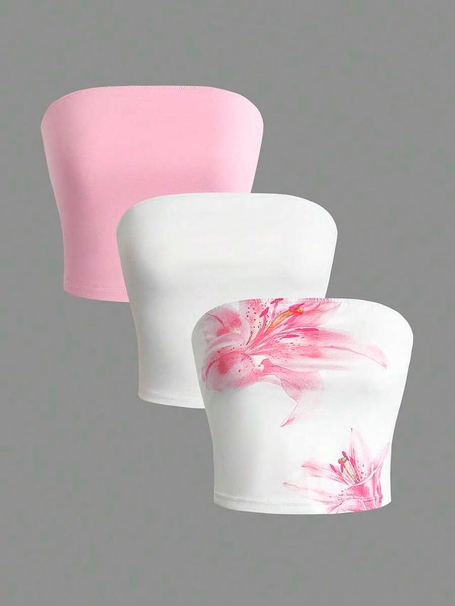 pink three elastic knit cropped tube top in pink and white