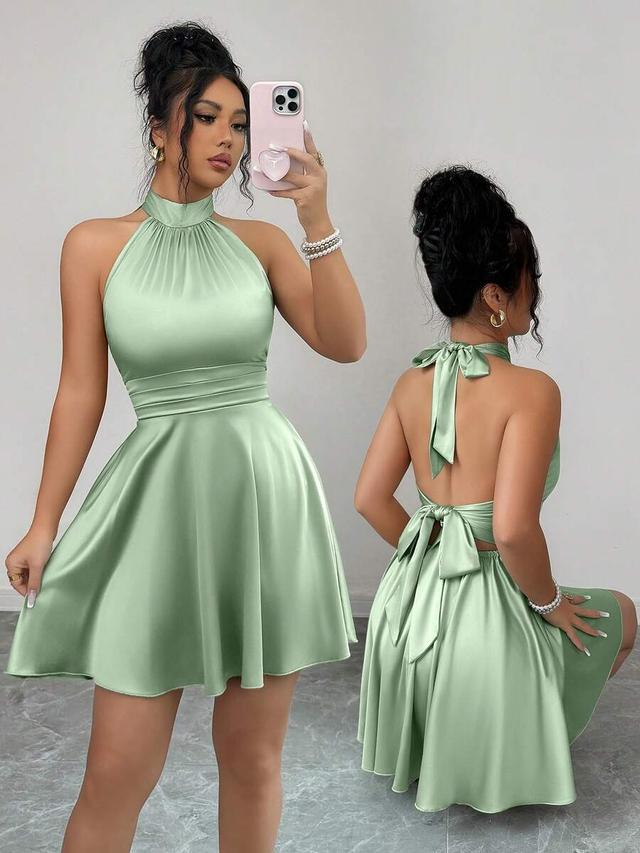 pea green satin halter neck backless mini dress