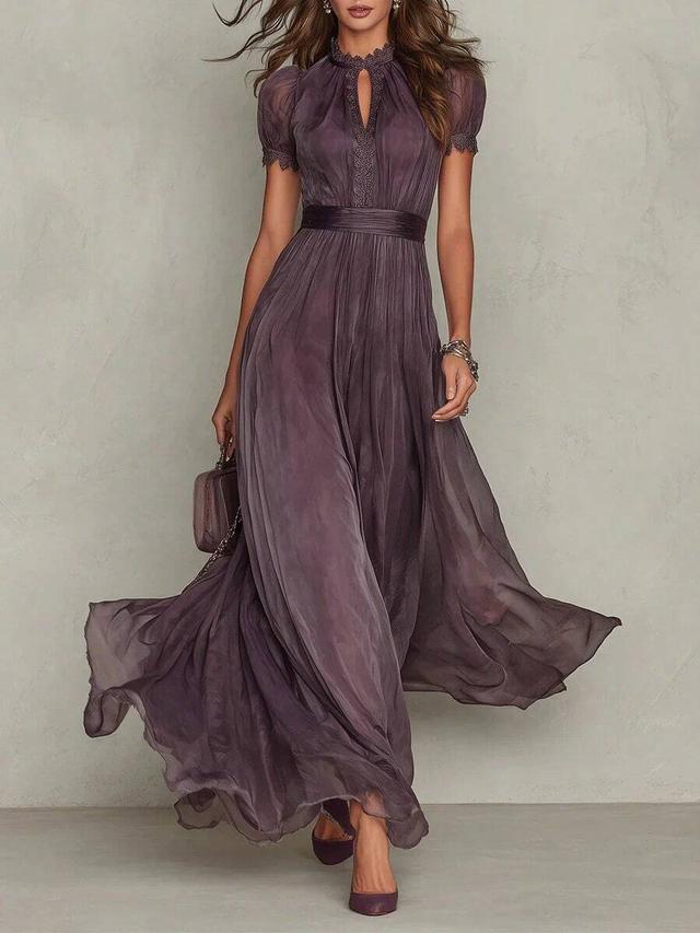 purple silk chiffon midi dress with lace trim