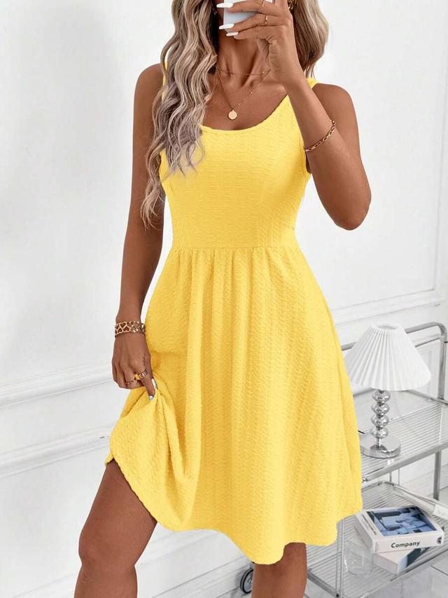 yellow textured sleeveless scoop neck skater dress