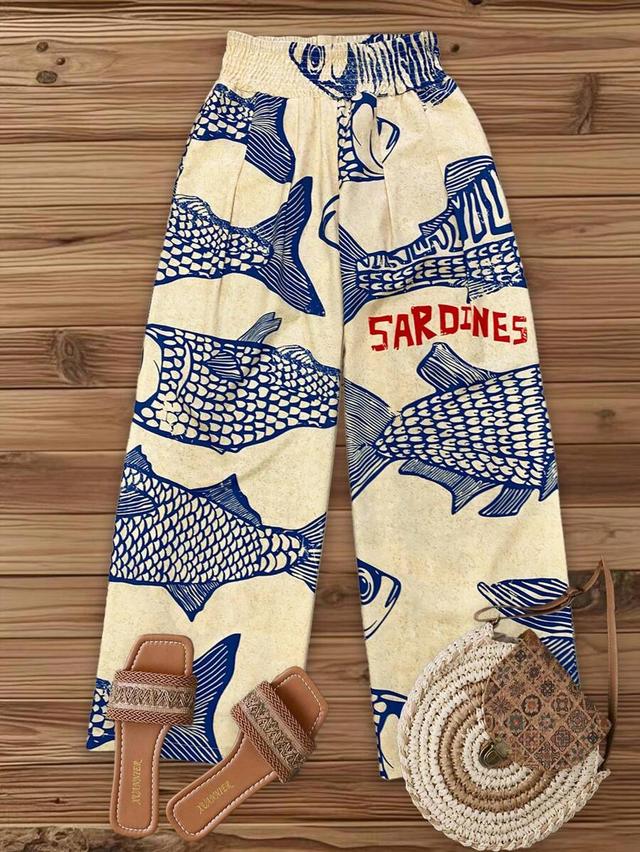 light beige fish print wide leg trousers