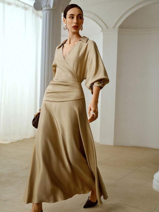 zeylah elegant wrap-style collared long sleeve waist-cinched dress