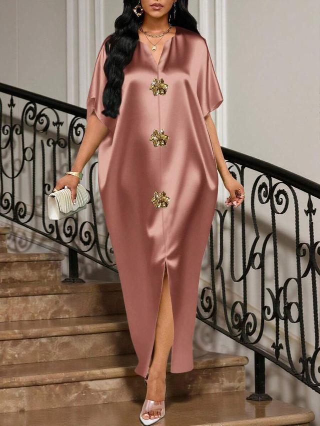 dusty pink satin midi dress with floral buttons