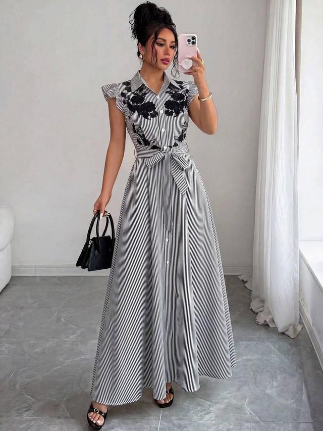 striped tea party blouse with ruffle sleeves and bow