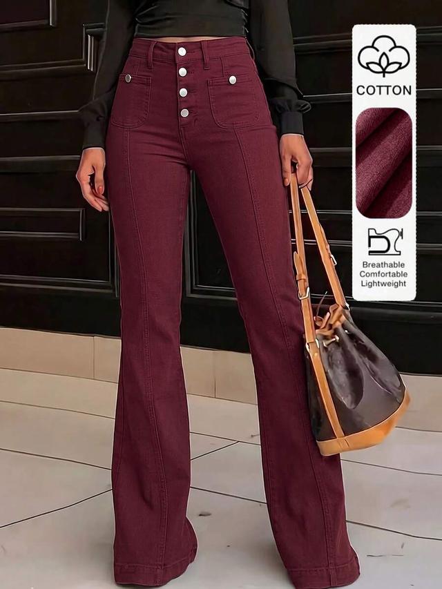 burgundy mid-waist slim fit multi-button flare jeans