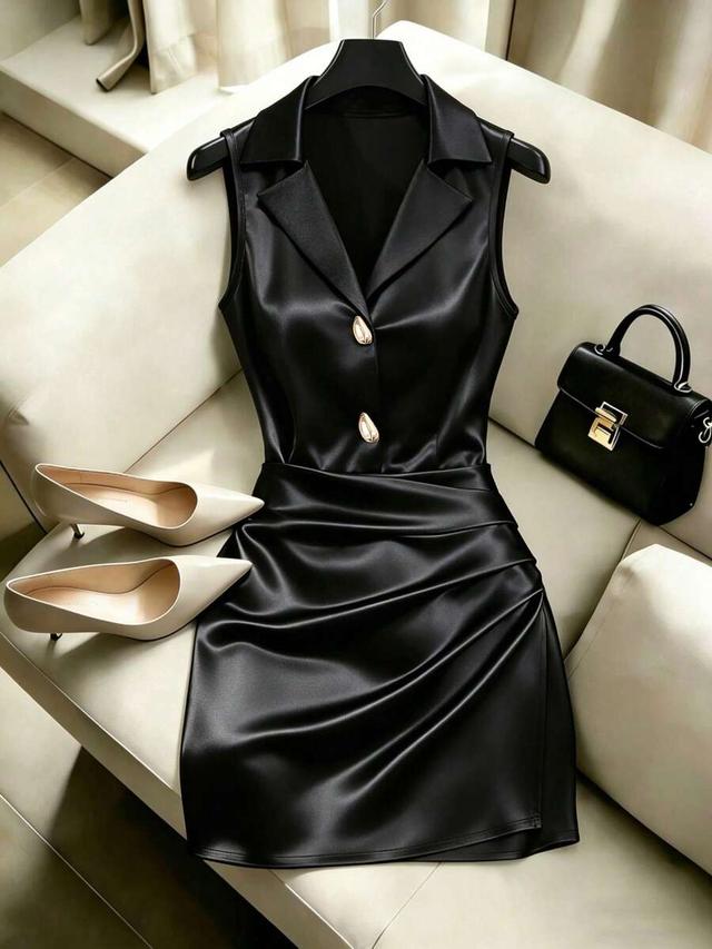 elegant black sleeveless polo collar ruched waist dress