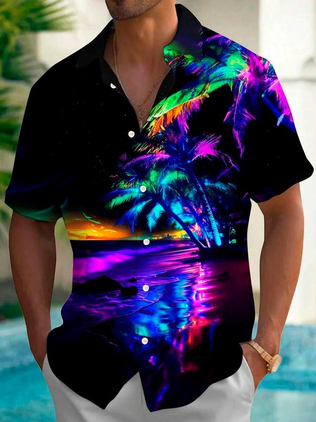 colorful gradient botanical print men's button-down aloha shirt