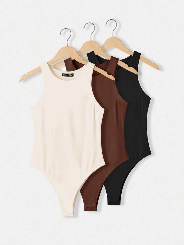 beige fitted sleeveless crew neck knit bodysuit set