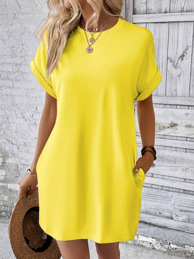 bright yellow simple daily short sleeve shift dress