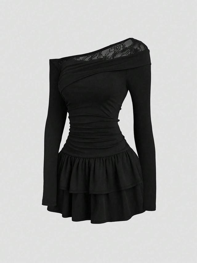 black lace patchwork oblique shoulder cinched mini dress