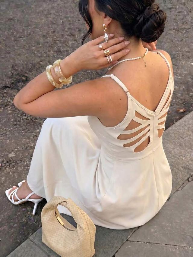 elegant backless satin midi dress with cutout straps