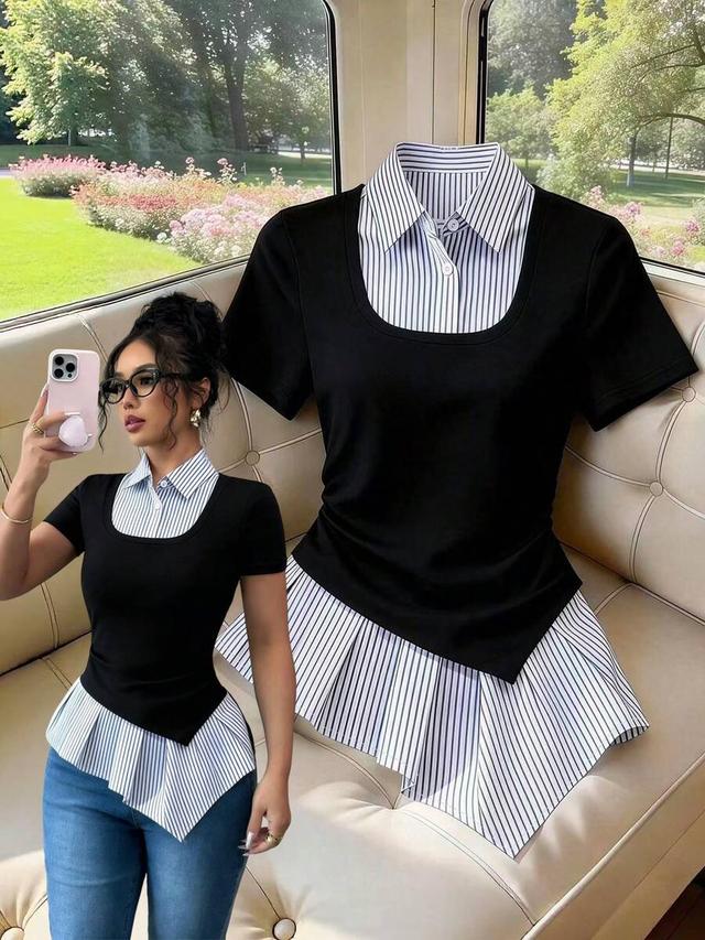 asymmetrical ruffle hem patchwork black and striped top