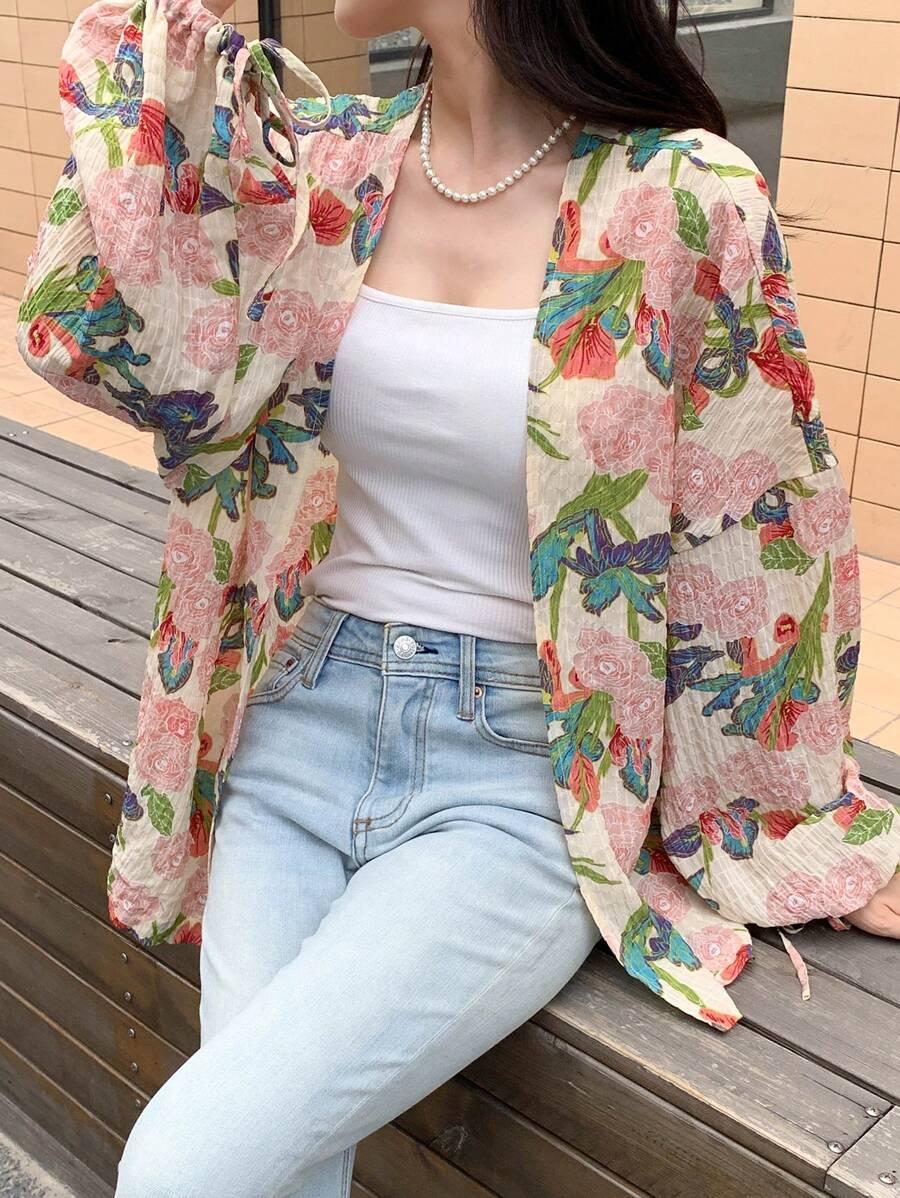 dazy floral print open front long sleeve blouse