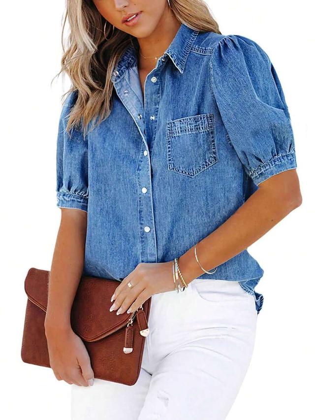 denim puff sleeve button down shirt