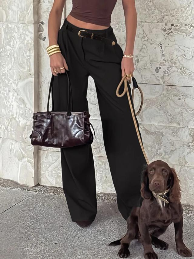 women's wide leg black tailored office trousers