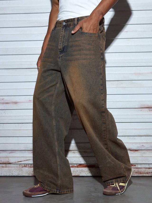 men's embroidered baggy wide leg denim jeans