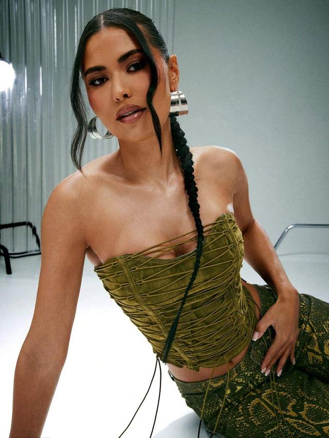 washed olive denim lace up corset top