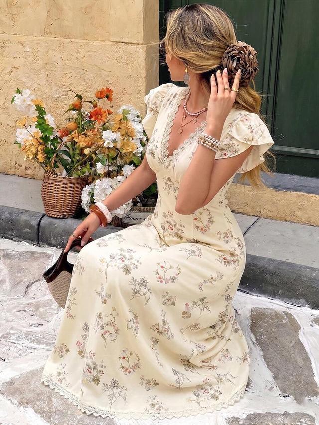 floral print lace trim vacation midi dress