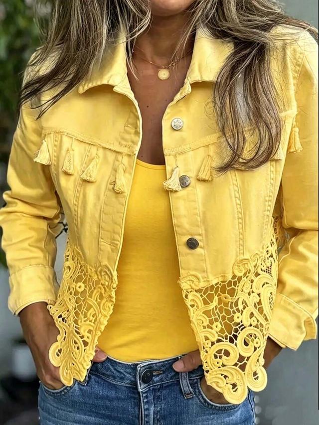 yellow denim jacket with lace patchwork and tassels