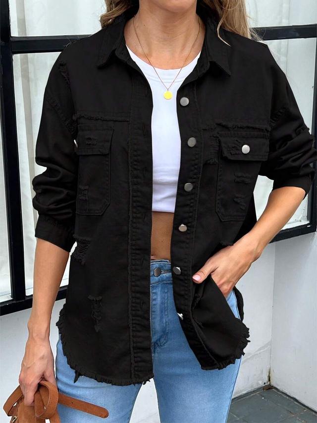women stylish black ripped raw hem denim shirt jacket