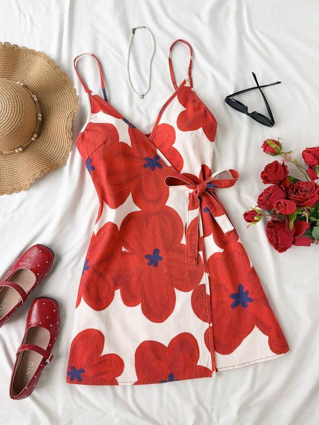 red floral print denim wrap mini dress