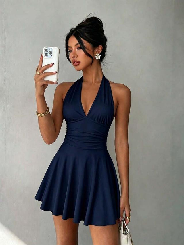 navy halter neck backless pleated bodycon mini dress