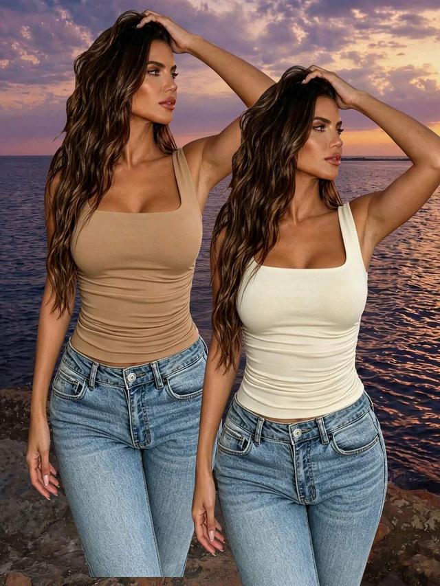 cream allurite women's plain square neck pleated casual tank top