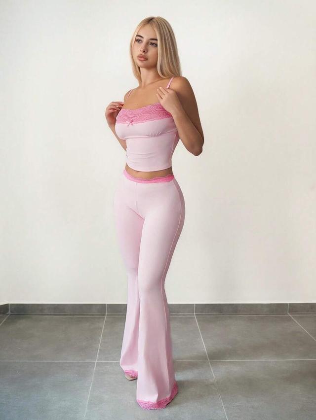 pink lace trim camisole and flare pants set