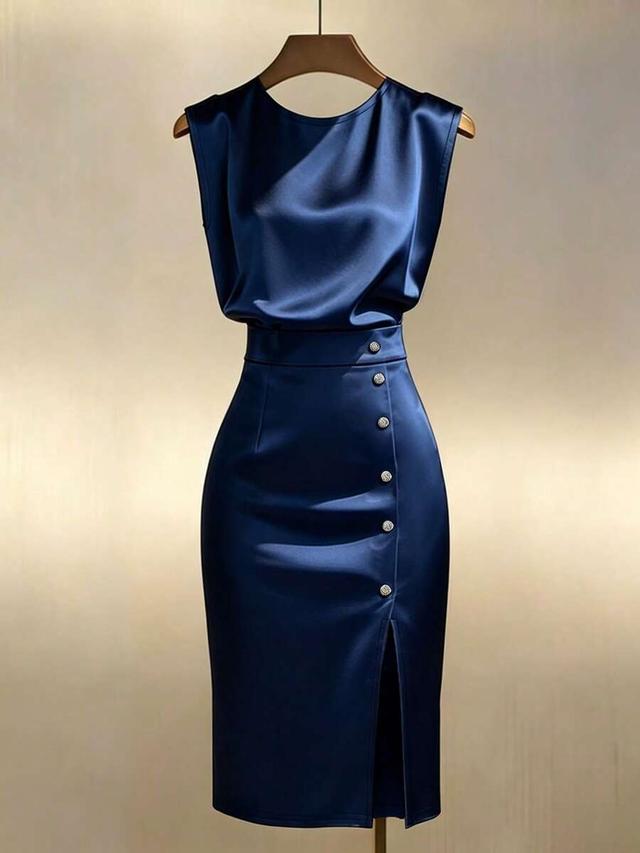 navy blue satin sleeveless midi dress with buttons