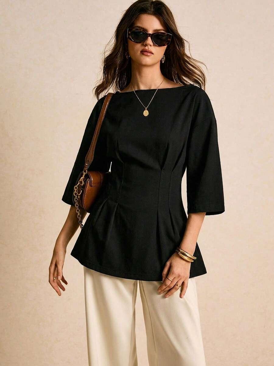 black minimalist black denim waist-cinched blouse
