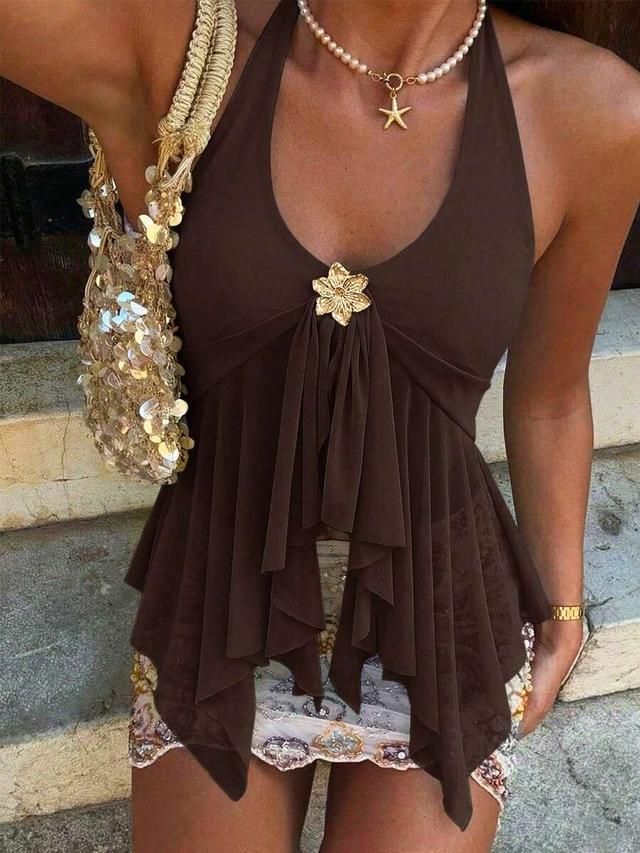 dark brown asymmetric halter neck crop top with metal flower