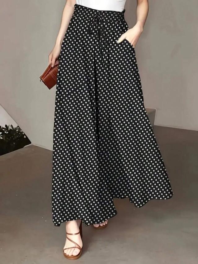 women's black polka dot print wide leg pants