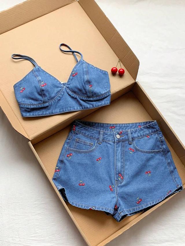 cherry print denim camisole and shorts set