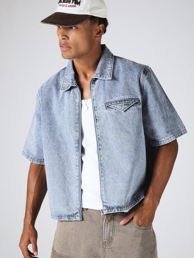 sumwon cropped denim zip-up short sleeve shirt
