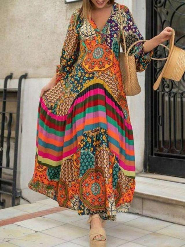 v-neck lantern sleeve allover graphic pattern dress