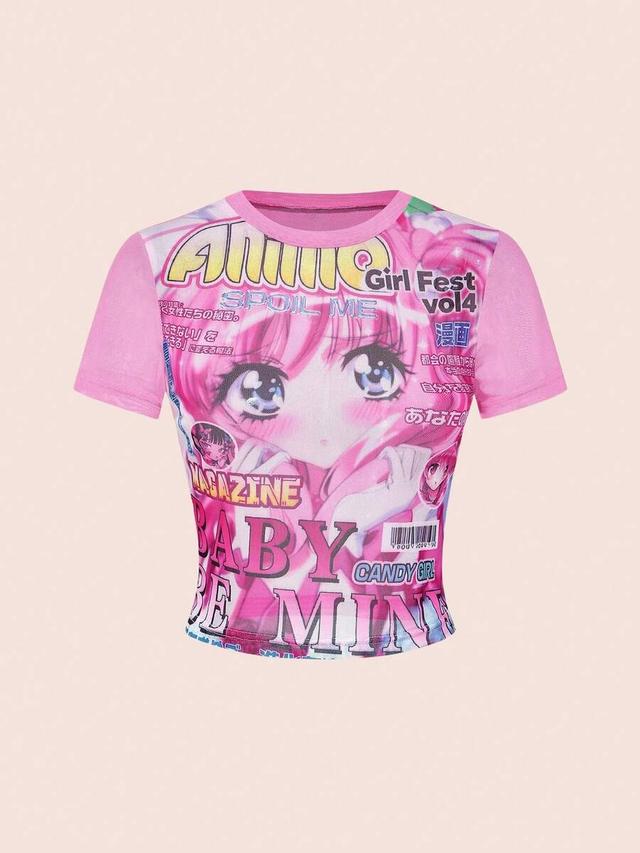 pink anime graphic sheer mesh short sleeve top