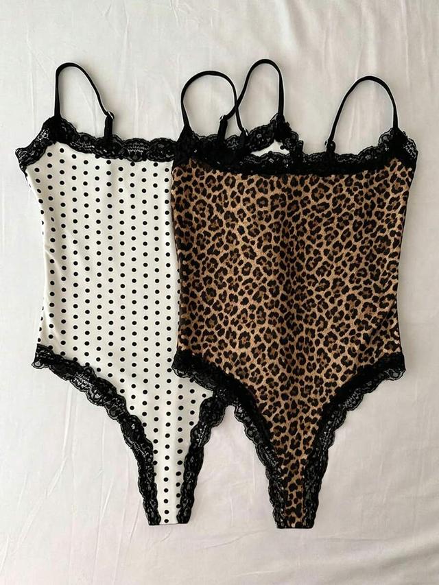 leopard print lace trim fashion camisole bodysuit