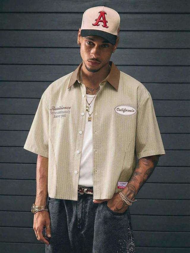 striped single-breasted letter print casual shirt