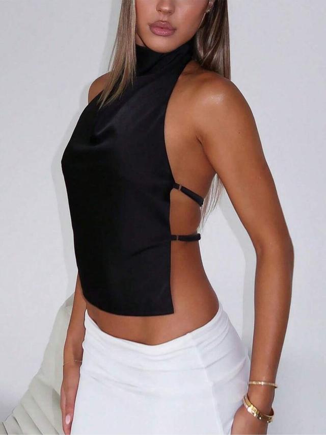 black satin backless halter crop top