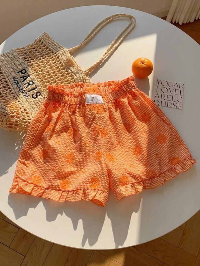 orange gingham floral embroidered ruffle hem shorts