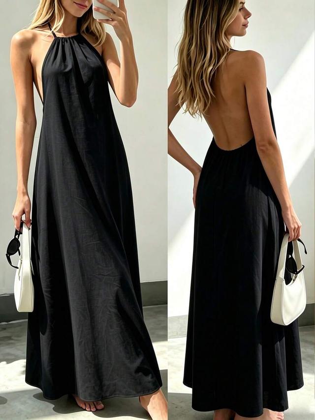 black halter neck maxi dress in cotton blend