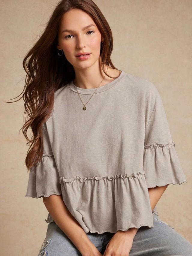 slub knit crewneck ruffle sleeve peplum t-shirt