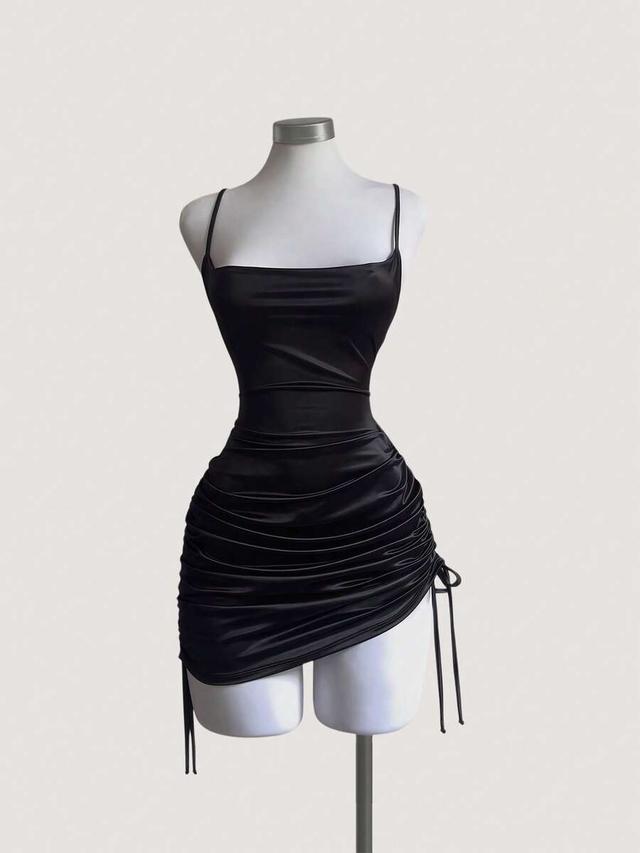 black satin ruched mini dress with drawstring