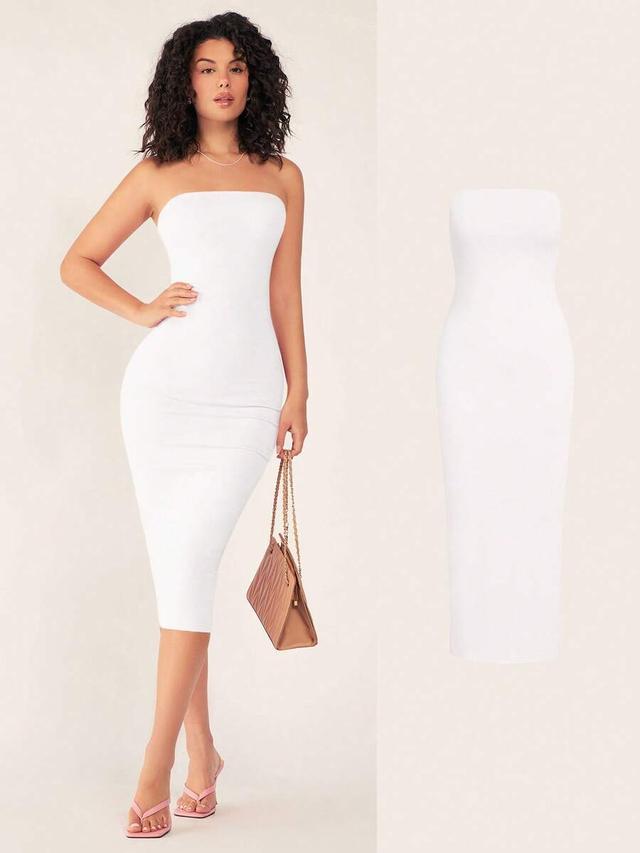 white strapless bodycon midi dress